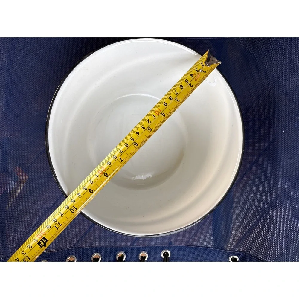 Vintage White Enamelware Bowl and Saucer Set Black Rim Farmhouse Decor